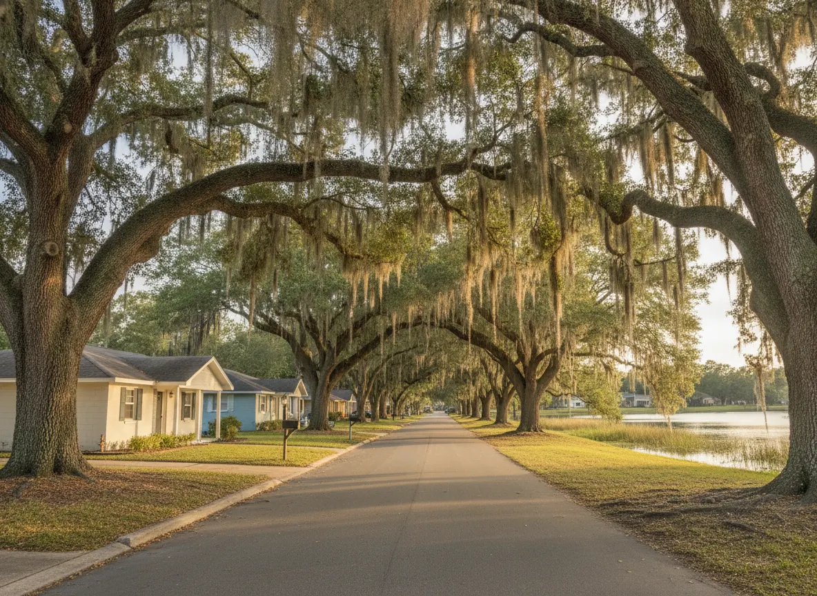 Street of block ranch homes under moss-draped oaks with a lake behind, Orlando