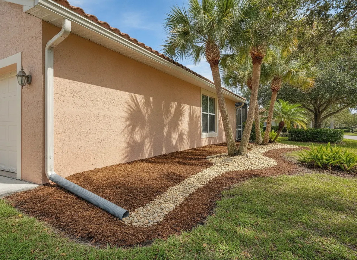 Downspout extension and regraded soil sloping away from a Florida home's slab