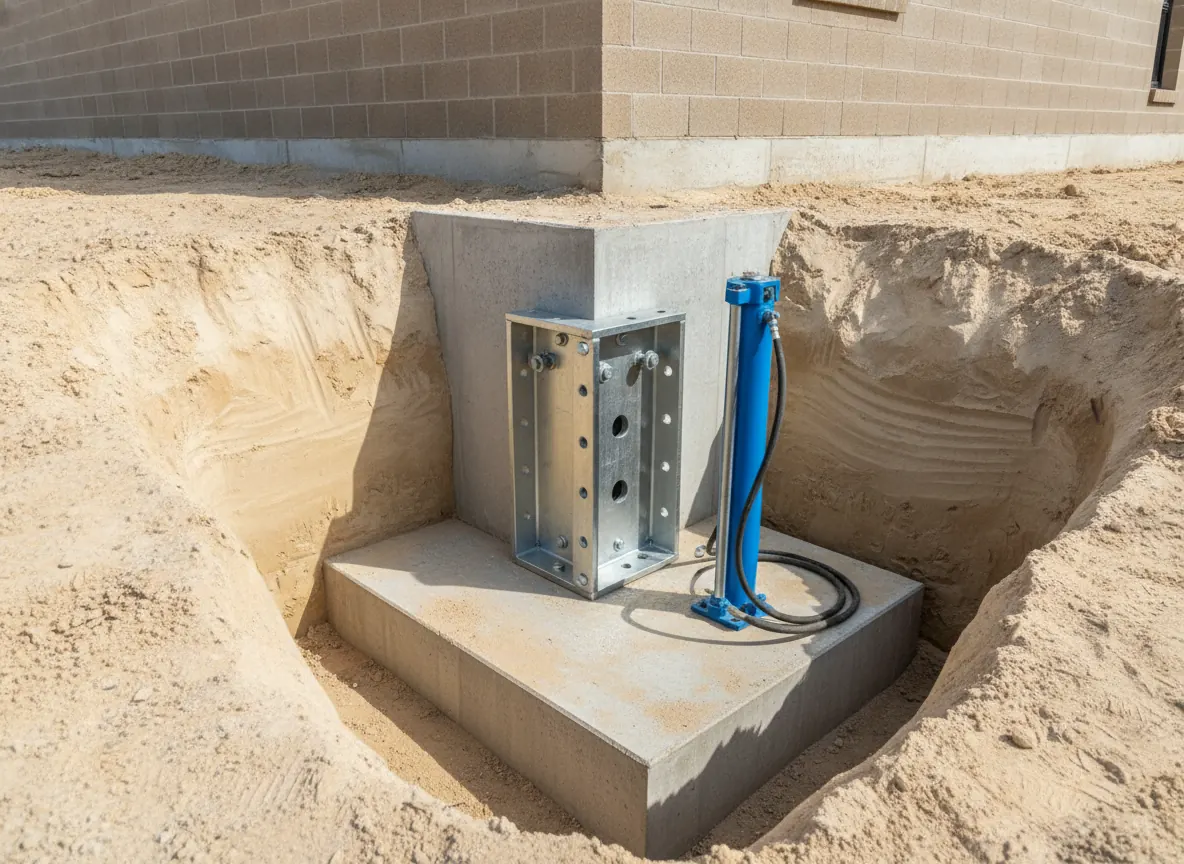 Steel pier bracket on a footing in a sandy excavation