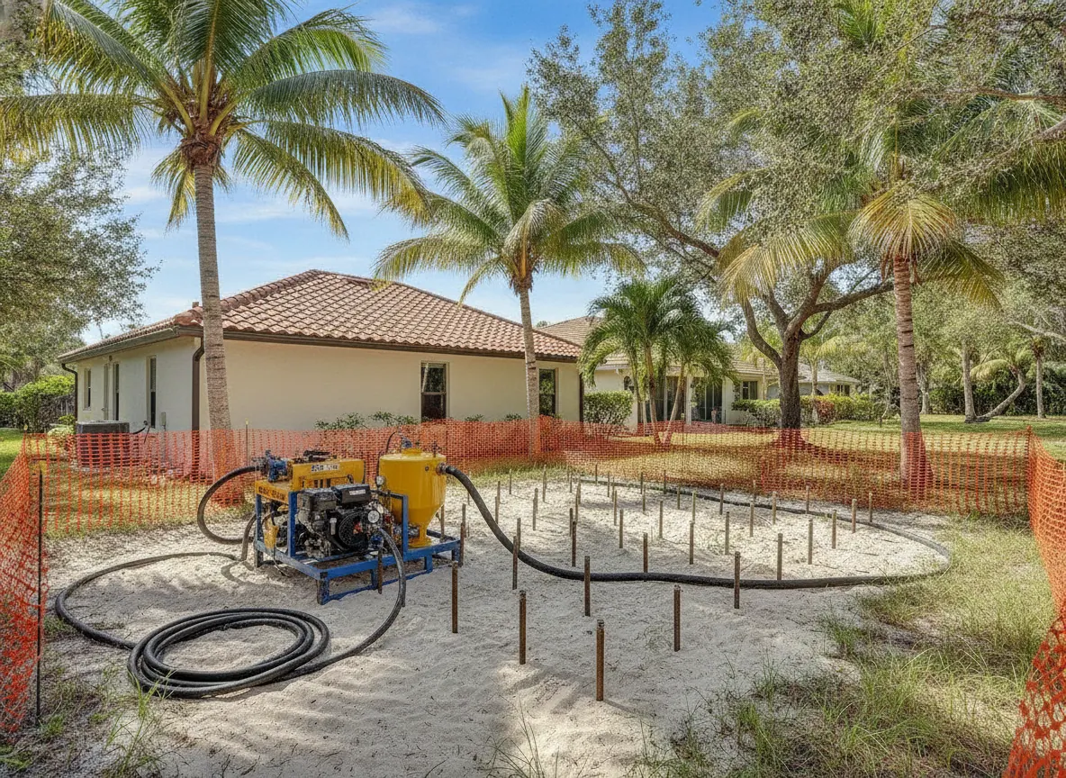 Grout injection equipment set up beside a Florida home