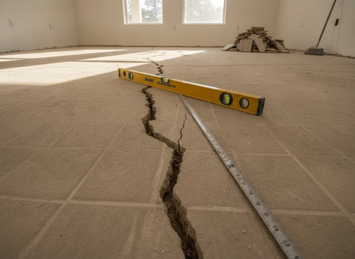 Diagonal crack across an exposed concrete slab floor with a level beside it